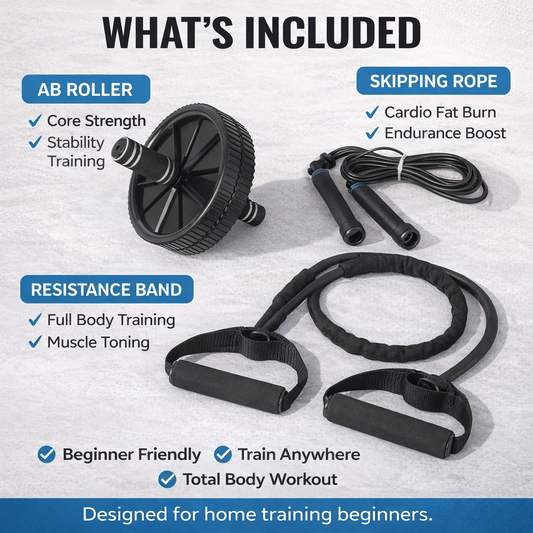Home Training Kit — Ab Roller + Skipping Rope + Resistance Band